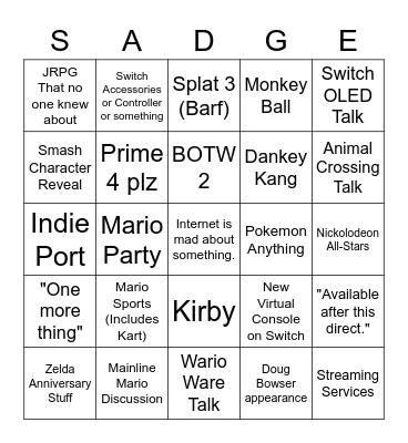 Nintendo Direct Bingo Card