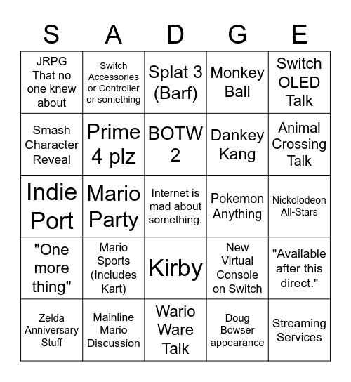 Nintendo Direct Bingo Card