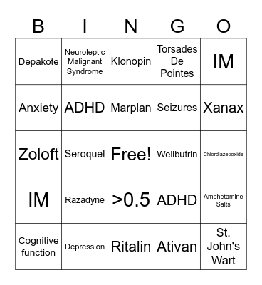 Psych Meds Bingo Card