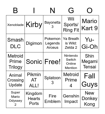 SkywardWing Nintendo Direct Bingo Card