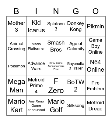 Nintendo Direct Bingo 9/23/2021 Bingo Card