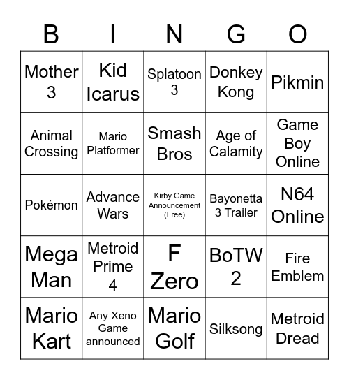 Nintendo Direct Bingo 9/23/2021 Bingo Card