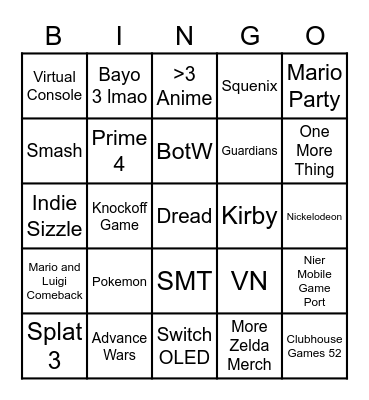 Nintendo Direct 9/23/21 Bingo Card