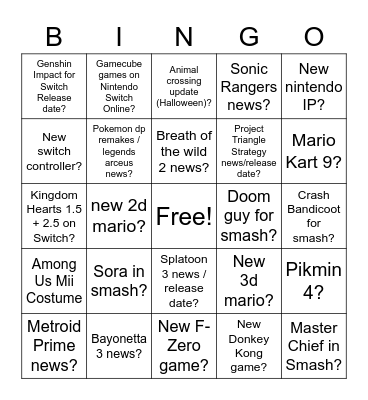 Nintendo Bingo Card