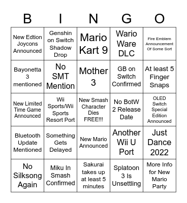 Nintendo Direct Bingo Card