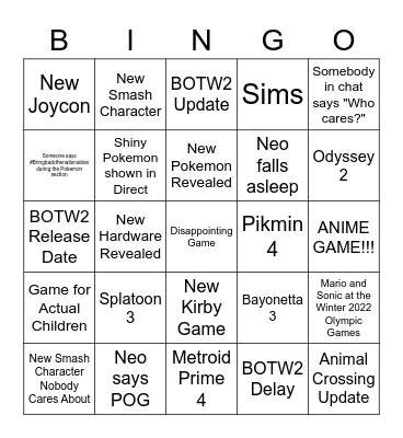 Nintendo Direct 9/23/2021 BINGO Card