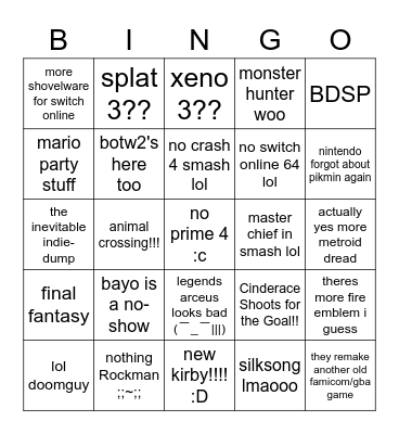 nintendo direct 9/23/21 bingo Card