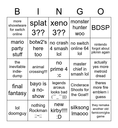 nintendo direct 9/23/21 bingo Card