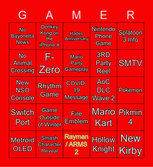 Nintendo Direct 9/23 Bingo Card