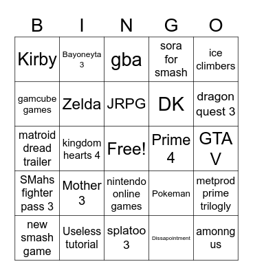 nintendo direct Bingo Card