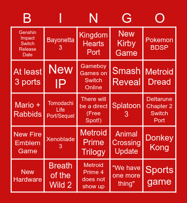 Nintendo Direct Bingo September 2021 Bingo Card