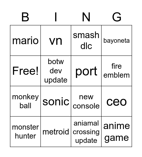 nintebn Bingo Card