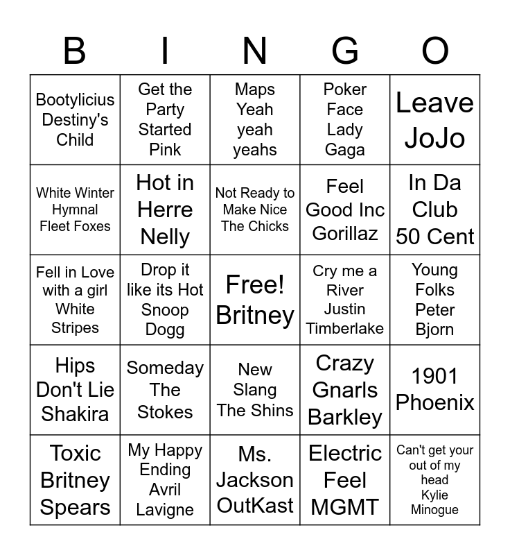 2000's Bingo R1 Bingo Card