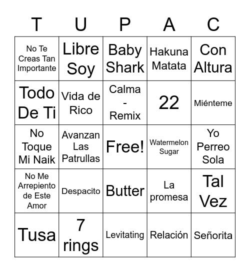 Bingo de Canciones Bingo Card