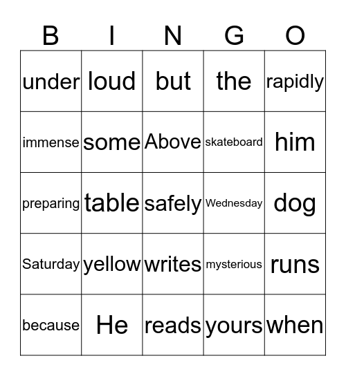 Word Class Bingo Card