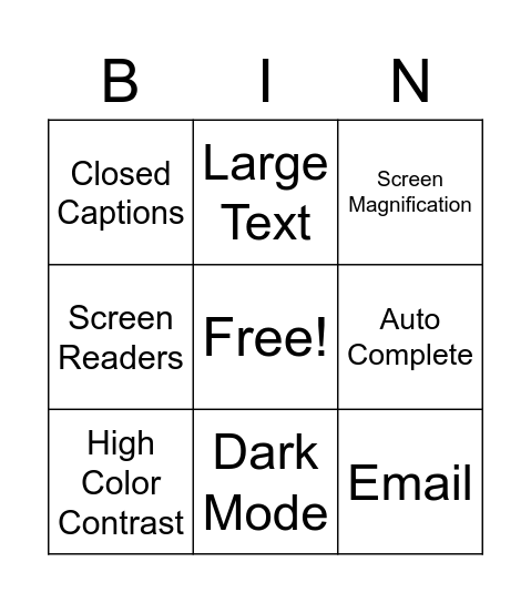 Accessibility Bingo Card