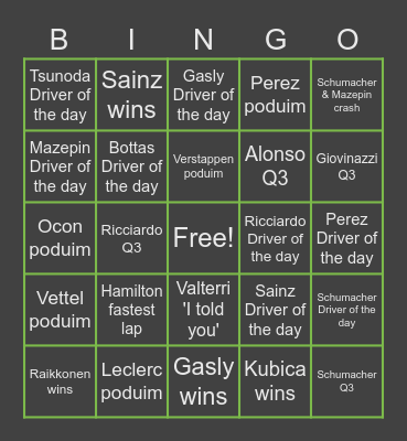 F1 Bingo Card