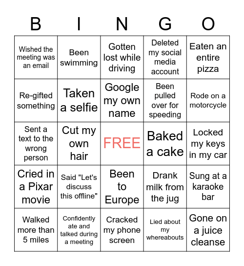 Never Have I Ever Bingo Card