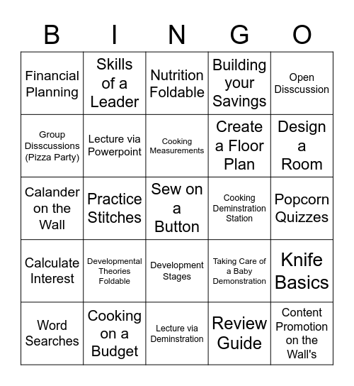 Observation Bingo FACS Edition Bingo Card