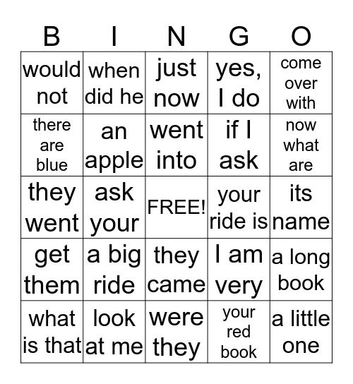 Sight Word Phrases Bingo Card