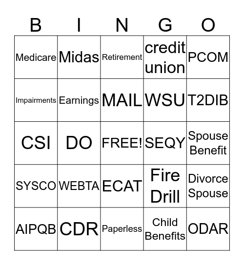 SSA Bingo Card