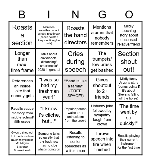 Senior Speech Bingo Card