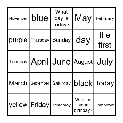 Calendario y colores Bingo Card