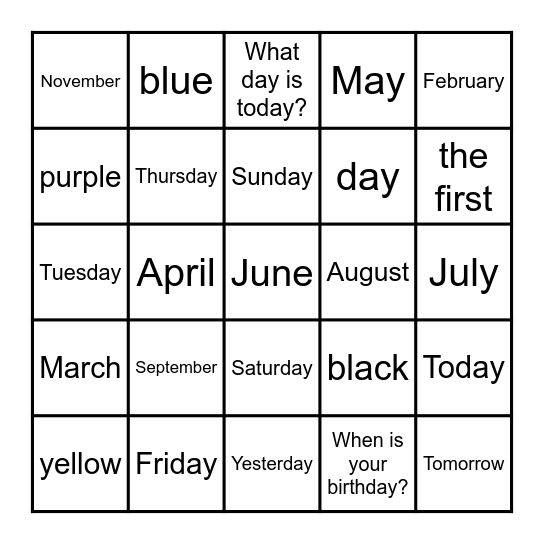 Calendario y colores Bingo Card