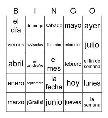 Los días et los meses Bingo Card