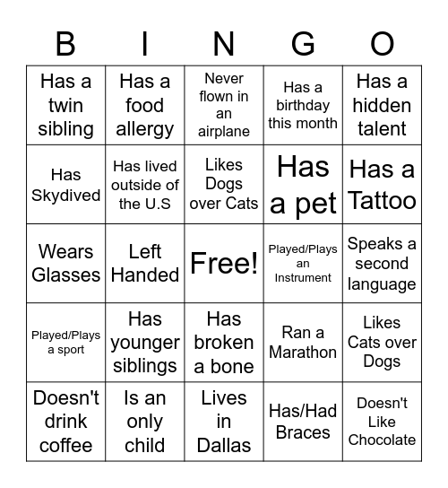 Get to Know You Bingo Card