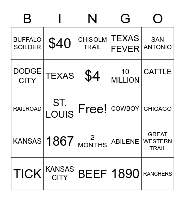 Cattle Trail Bingo Card