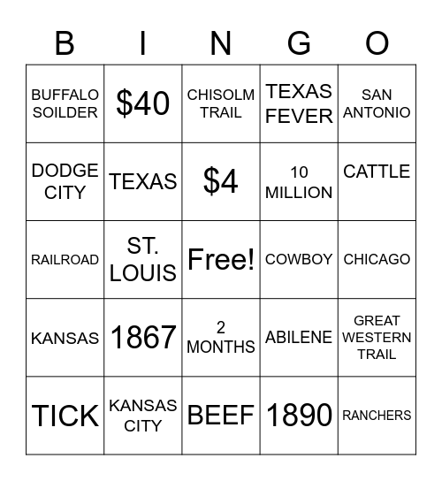 Cattle Trail Bingo Card