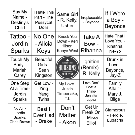 2000's R&B Bingo Card