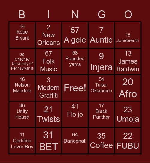 Umoja Bingo Night Bingo Card