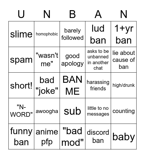 Unban Forms Bingo Card