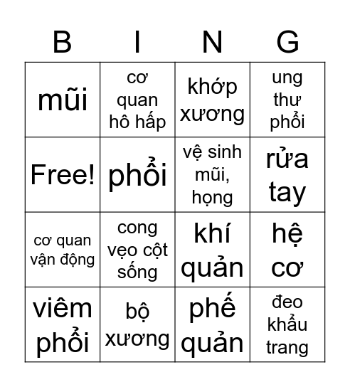 Từ vựng cơ quan vận động - hô hấp Bingo Card