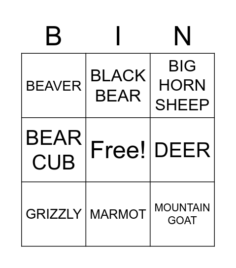 Alberta Wildlife Bingo Card