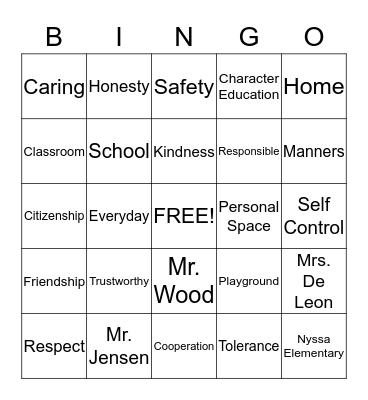 Character Education Bingo Card