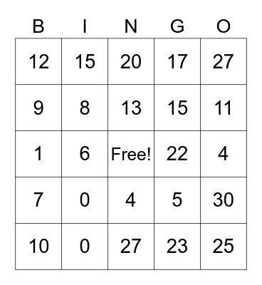 Number Bingo Card