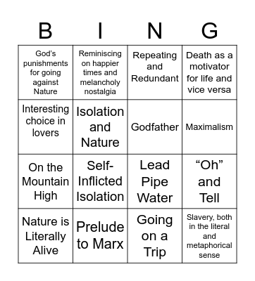 Romanticism Bingo Card