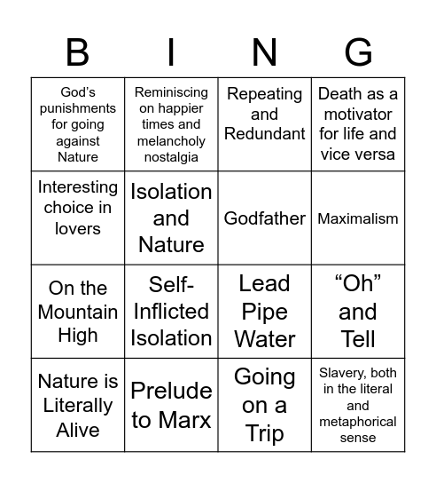 Romanticism Bingo Card