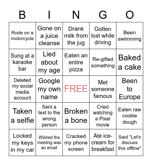 Never Have I Ever Bingo Card