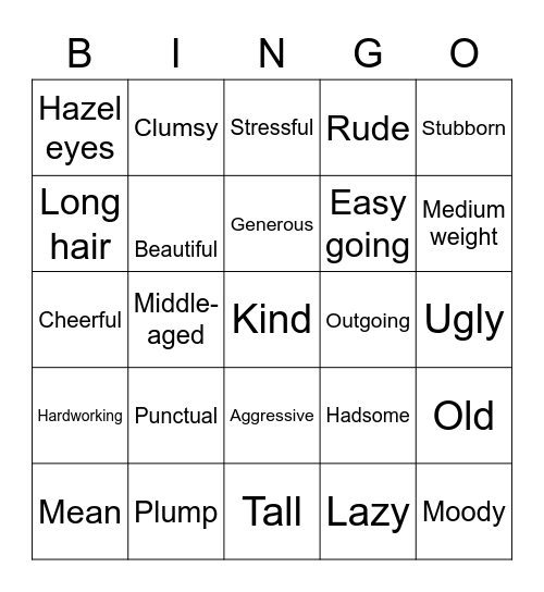 Appearance and Personality Bingo Card