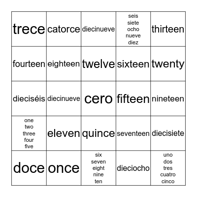 LOS NÚMEROS 1-20 Color MATCH Bingo Card