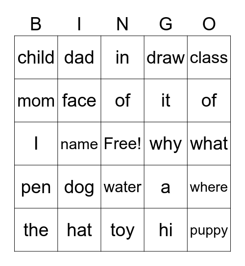 Sight words Bingo Card