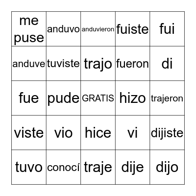 Irregular Preterite Verbs Bingo Card