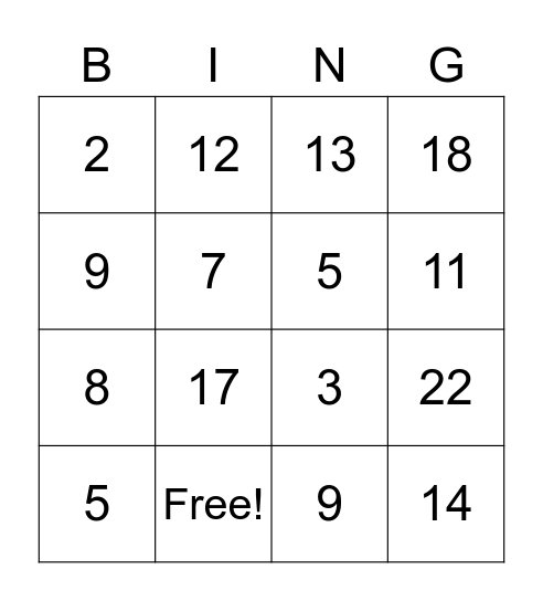 Number Bingo Card