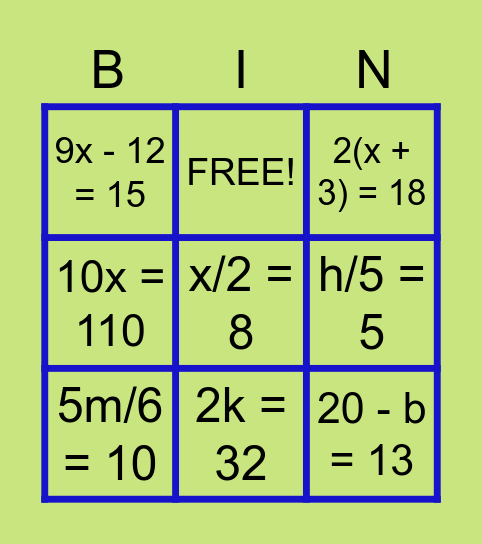 BINGO การแก้สมการ Bingo Card