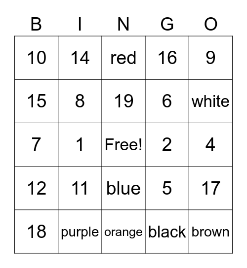 Spanish numbers and colors Bingo Card