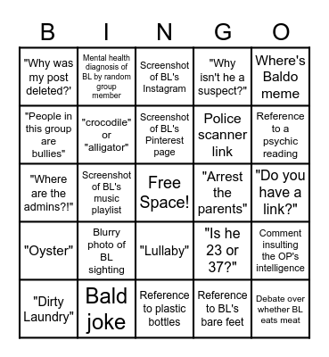 Brian Laundrie FB Group Bingo Card
